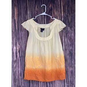 Max Edition Womens Blouse L Yellow Orange Embroidered Linen Boho Peasant Top